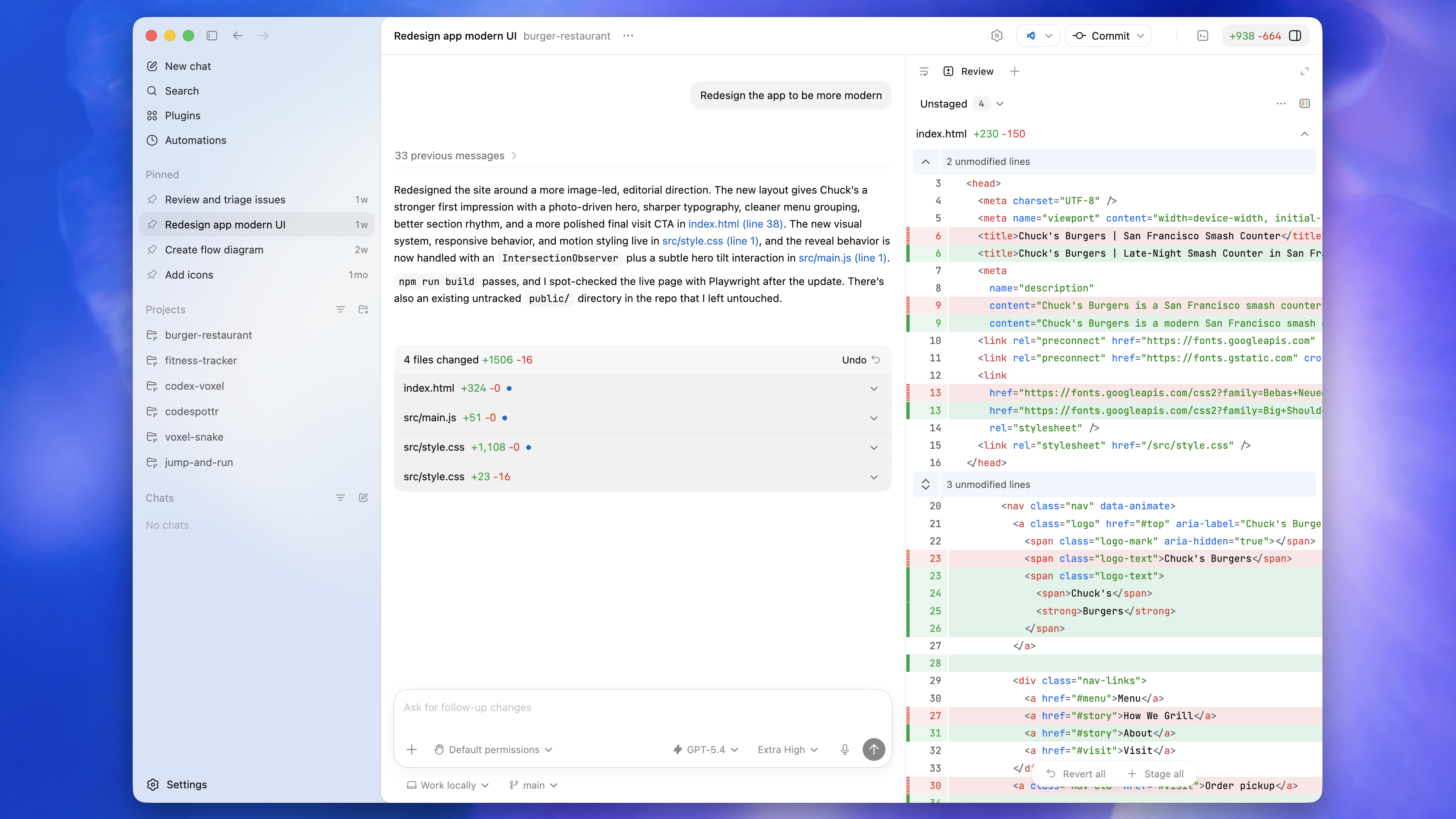 Codex 官方英文界面截图:左侧 Projects 项目列表,中下方输入框及右下发送箭头,中间回复中的文件链接,右侧 Review 改动对比。